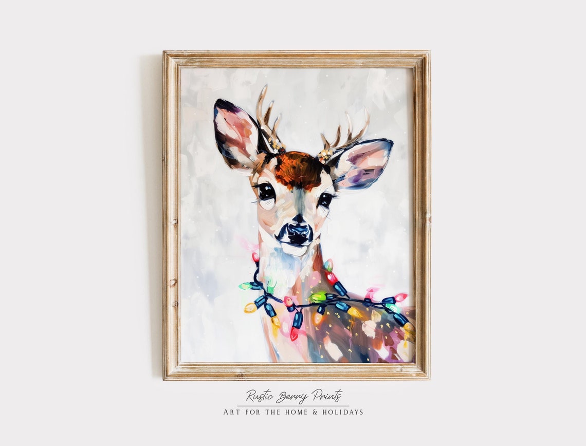 Cute Christmas Reindeer Art Print Wall Art Christmas Holiday Decor Vintage Print Art