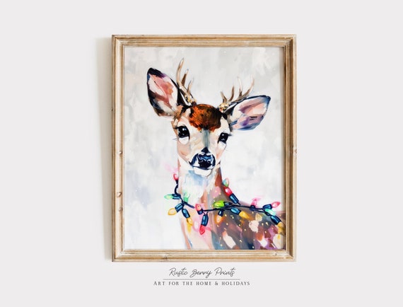 Cute Christmas Reindeer Art Print Wall Art Christmas Holiday Decor Vintage Print Art
