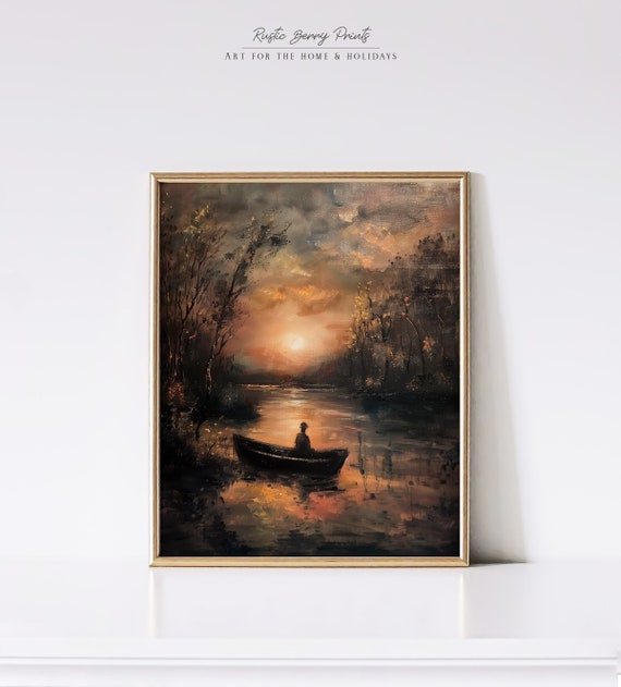 Moody Landscape Lake Painting Wall Art Boat On Lake Antique Print Home Decor Instant