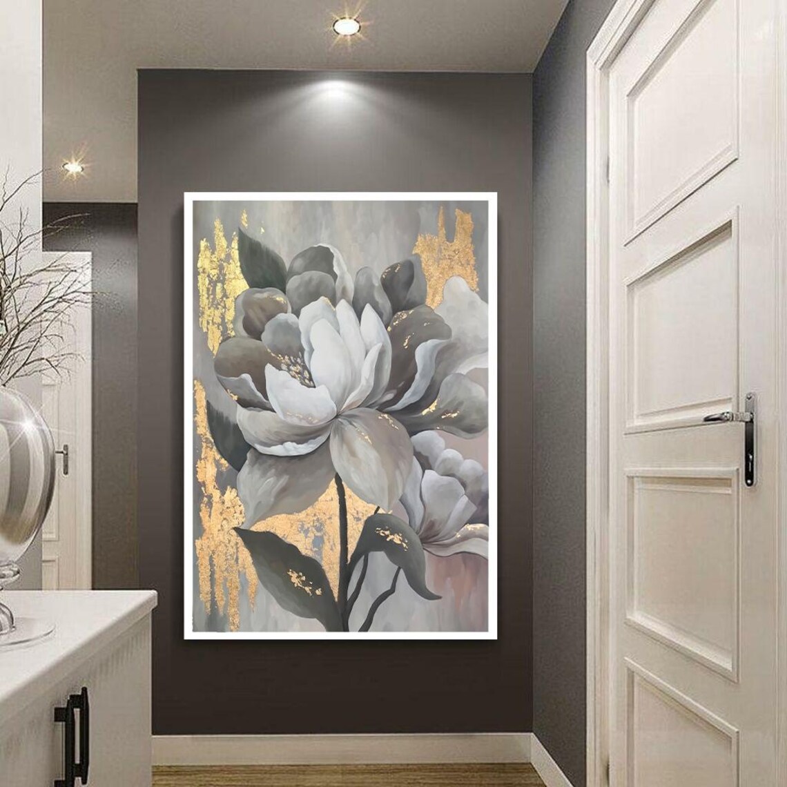 White Grey Blossoms With Gold Leaf Elegant Floral Art Poster - Image 4