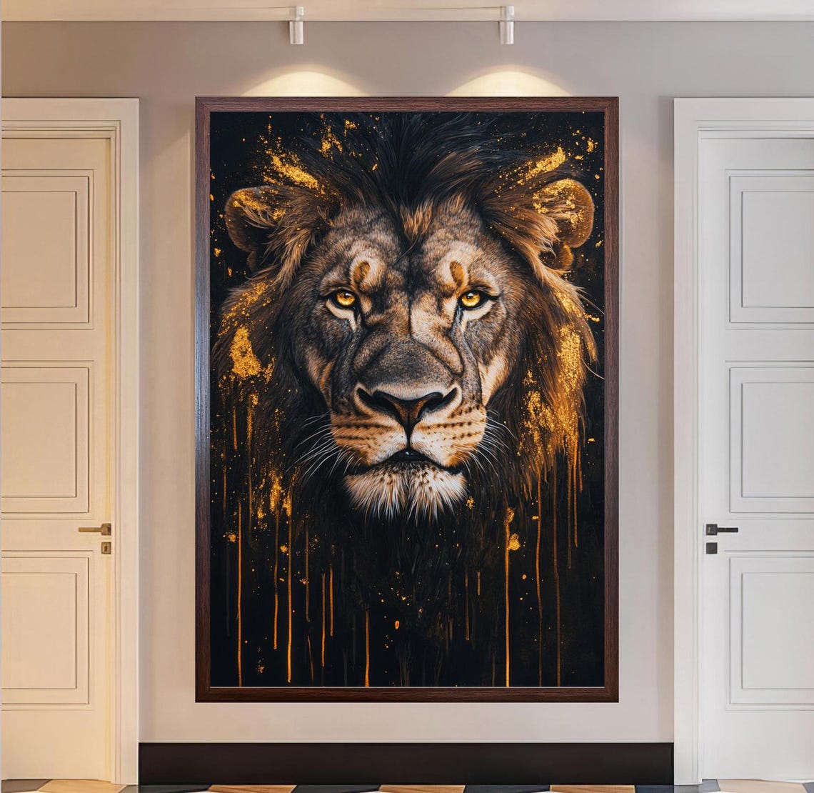 Striking Lion Face With Molten Gold Paint Drips on Black Poster - Image 4