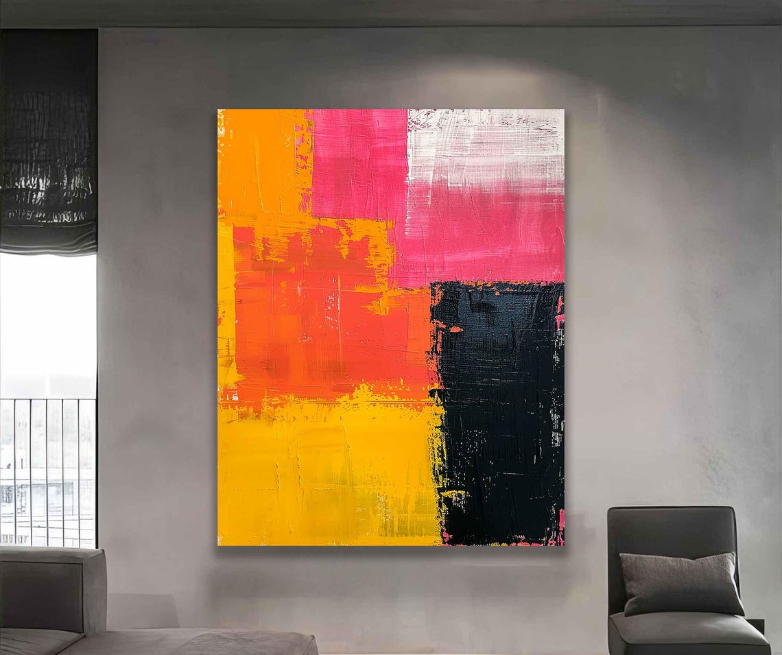 Pink Orange Yellow and Black Brushstroke Abstract Art Poster - Image 2