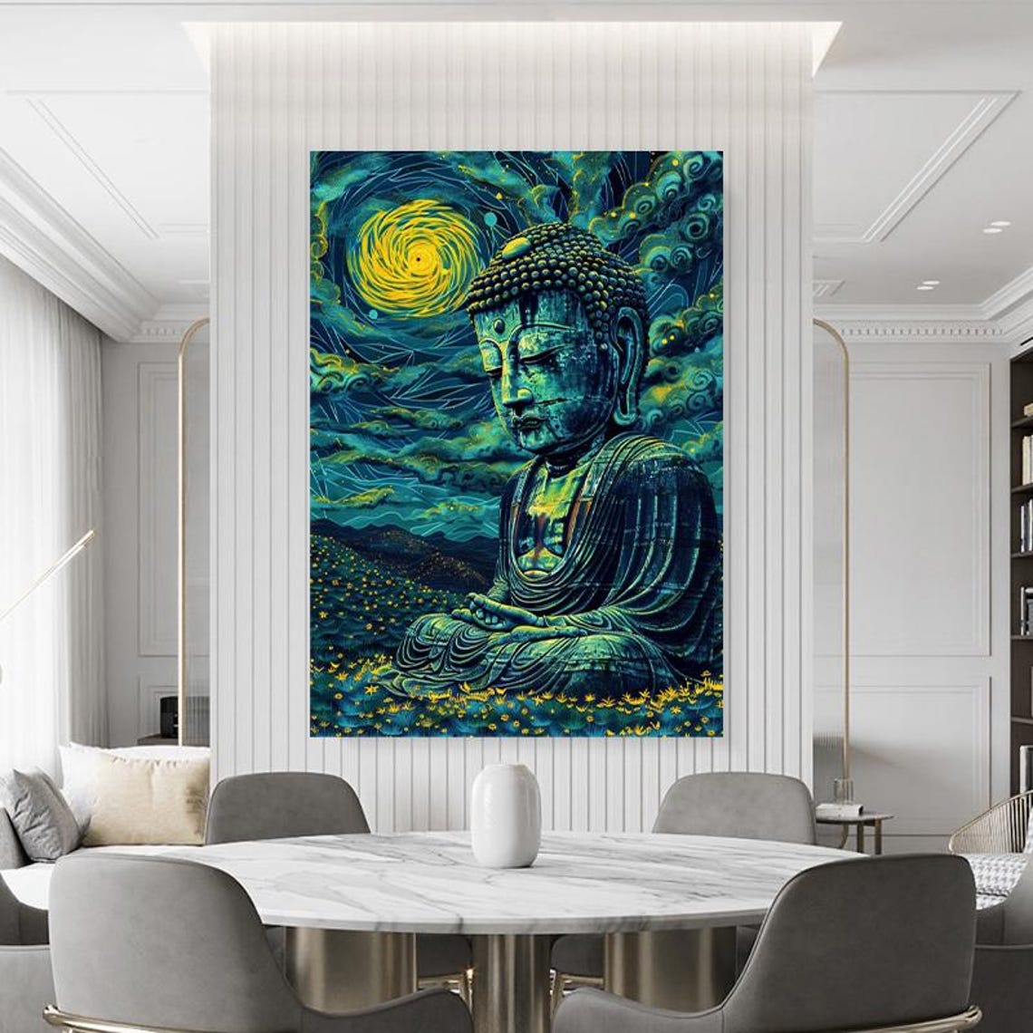 Meditating Buddha Under A Swirling Starry Moonlit Night Sky Art Poster - Image 4