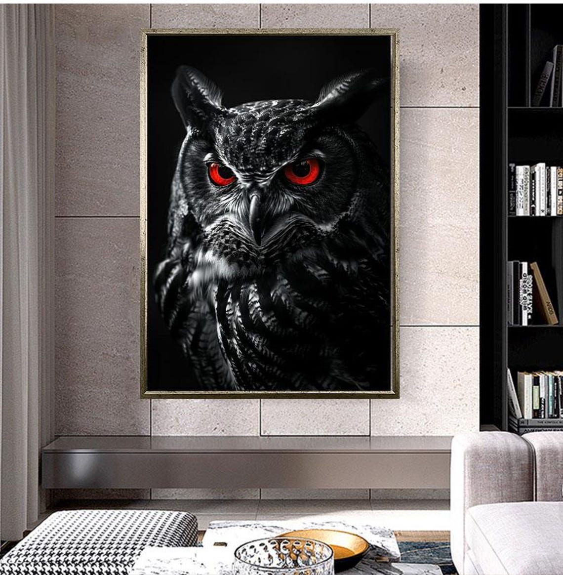 Black Owl With Piercing Red Eyes Dark Dramatic Wildlife Print - Image 4