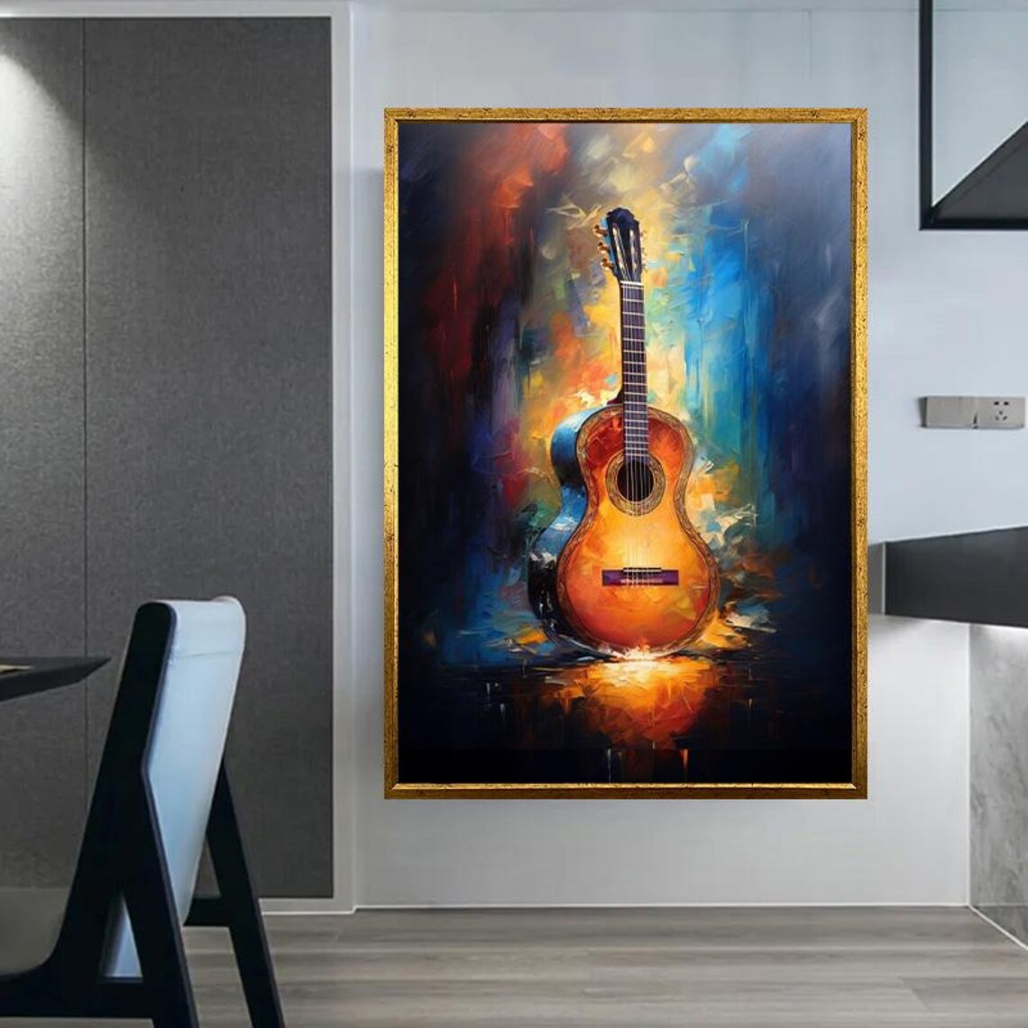 Acoustic Guitar Abstract Oil Painting Blue Orange Music Art Poster - Image 2