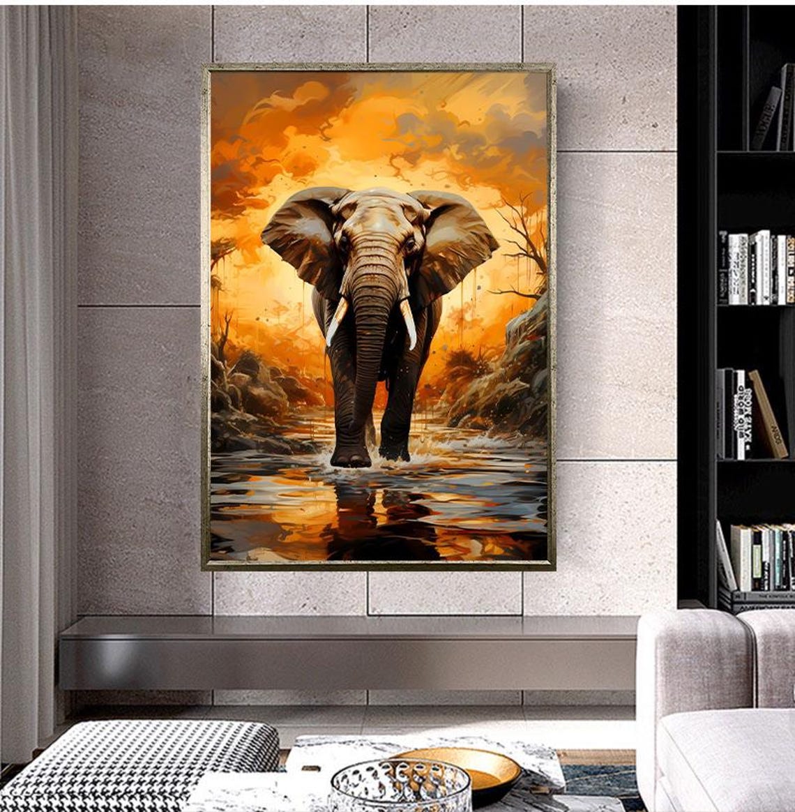 Majestic Elephant Walking Through Golden Sunset Water Wildlife Poster - Image 5