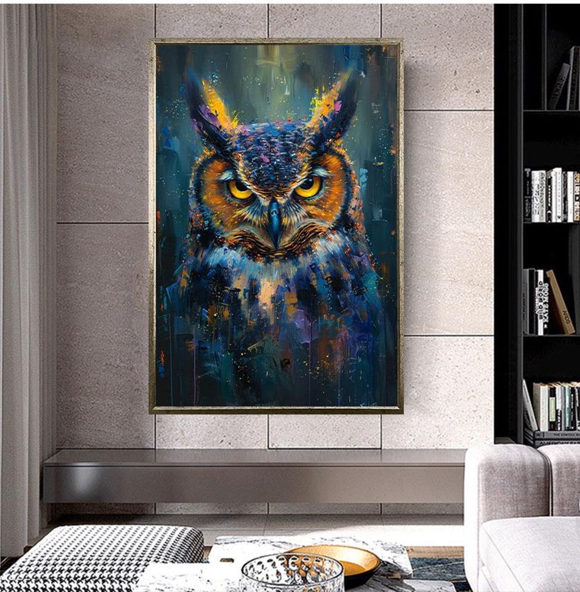 Colorful Abstract Owl With Intense Yellow Eyes Modern Art Poster - Image 5