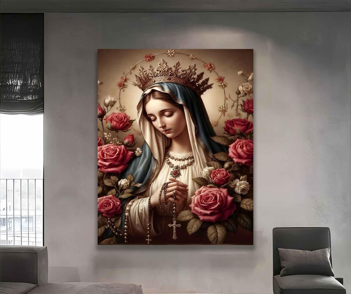 Crowned Virgin Mary with Rosary and Roses Catholic Faith Poster - Image 4