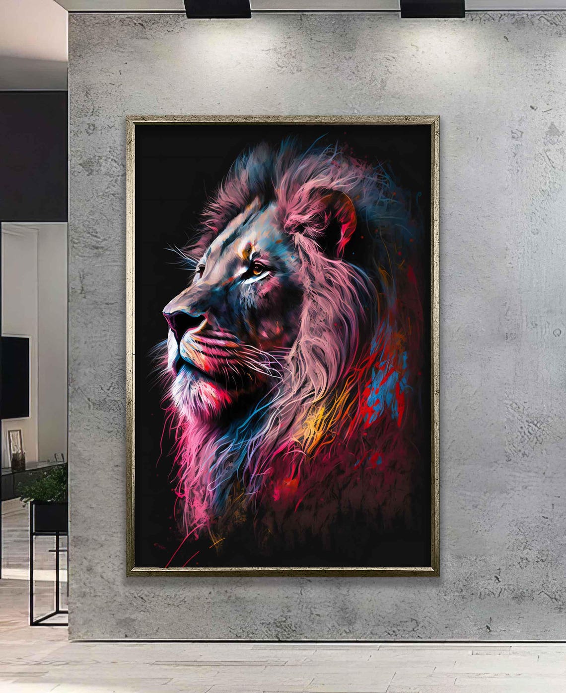 Colorful Neon Lion Profile Pink Blue Black Canvas Art Wall Poster - Image 5