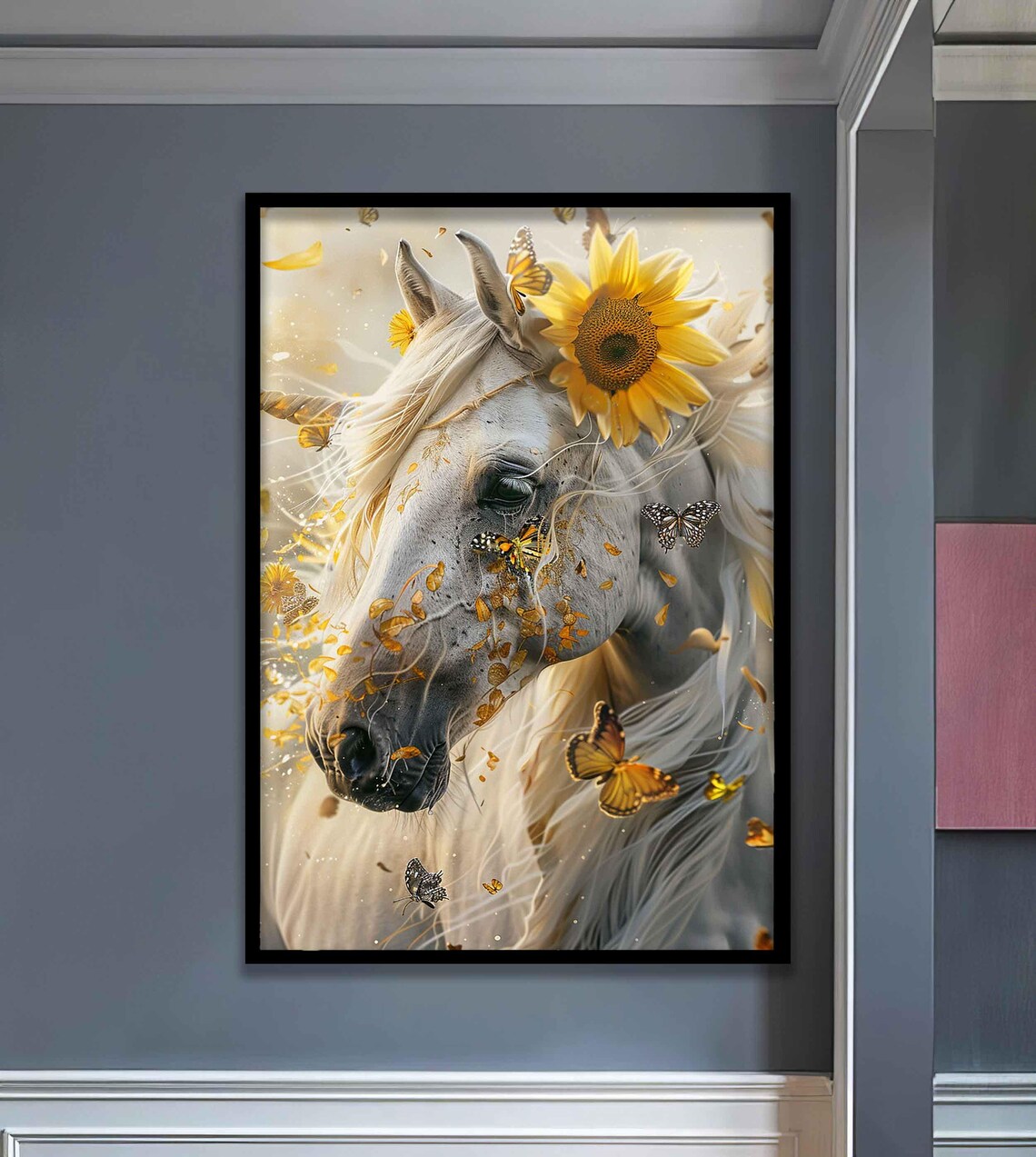 Majestic White Horse Sunflowers Butterflies Elegant Equine Wall Art - Image 3