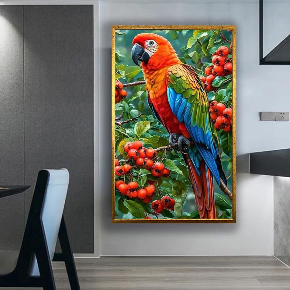 Scarlet Macaw Parrot Perched Among Red Berries Tropical Poster - Image 2