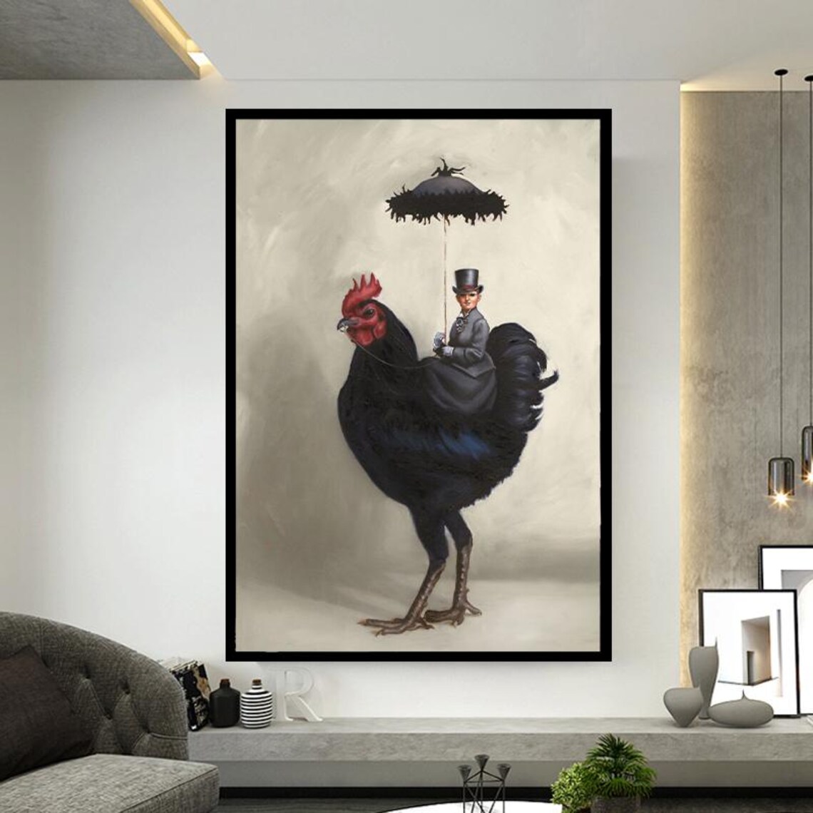 Victorian Woman Calmly Riding a Giant Black Rooster Art Poster - Image 2