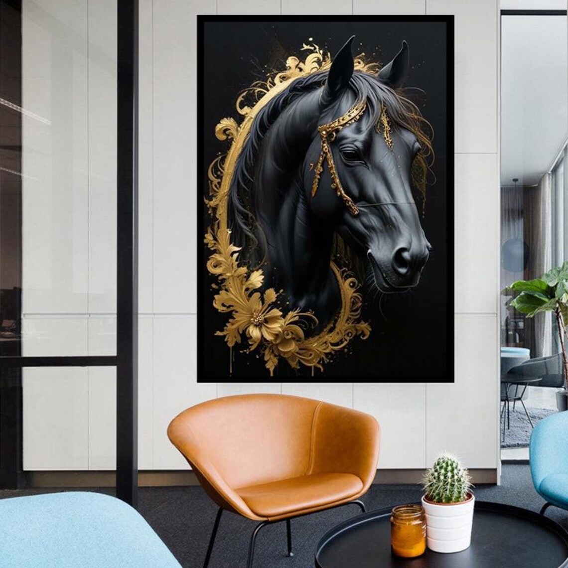 Black Horse With Golden Ornamental Bridle Regal Equine Art Poster - Image 4