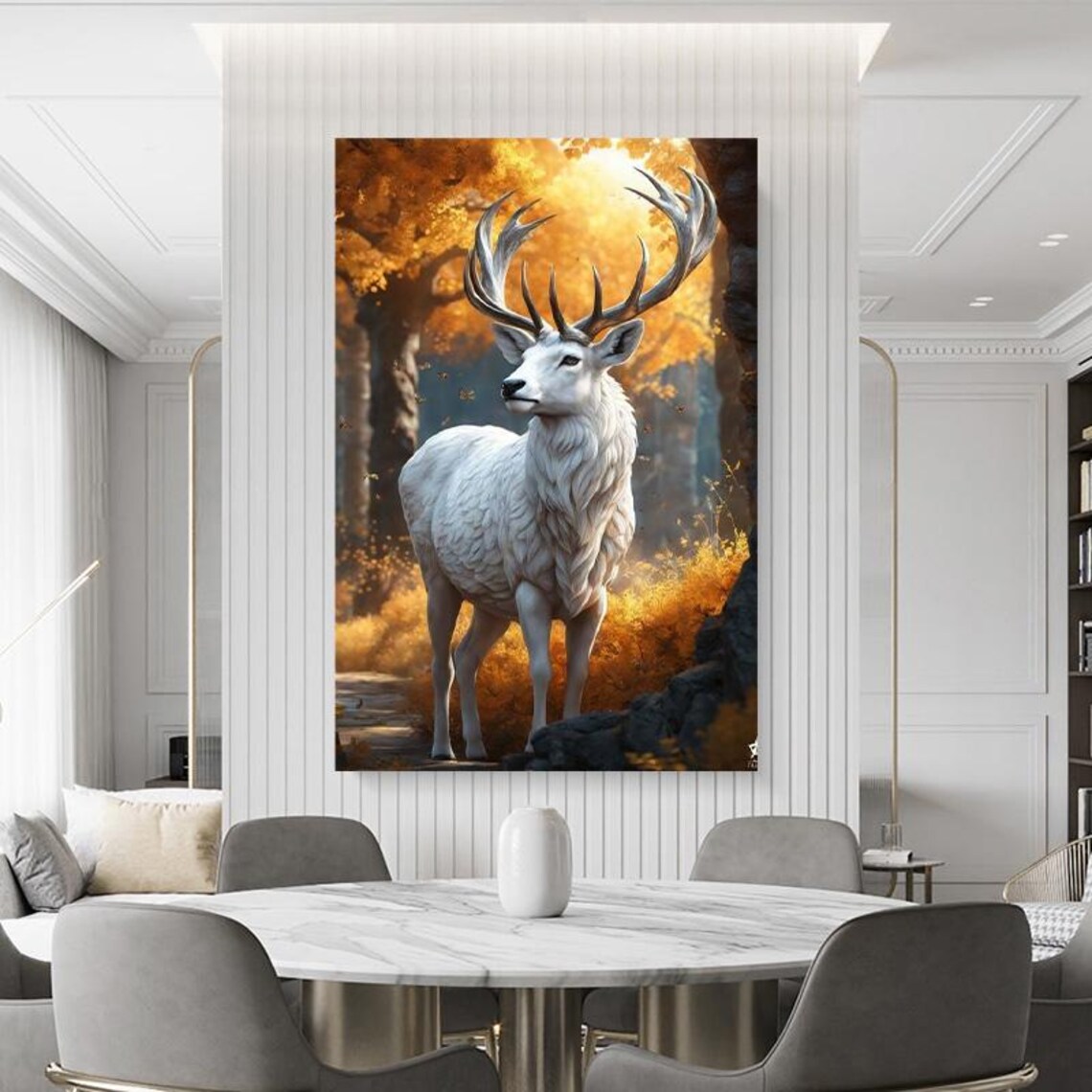 White Stag With Grand Antlers In A Golden Autumn Forest Art Poster - Image 3