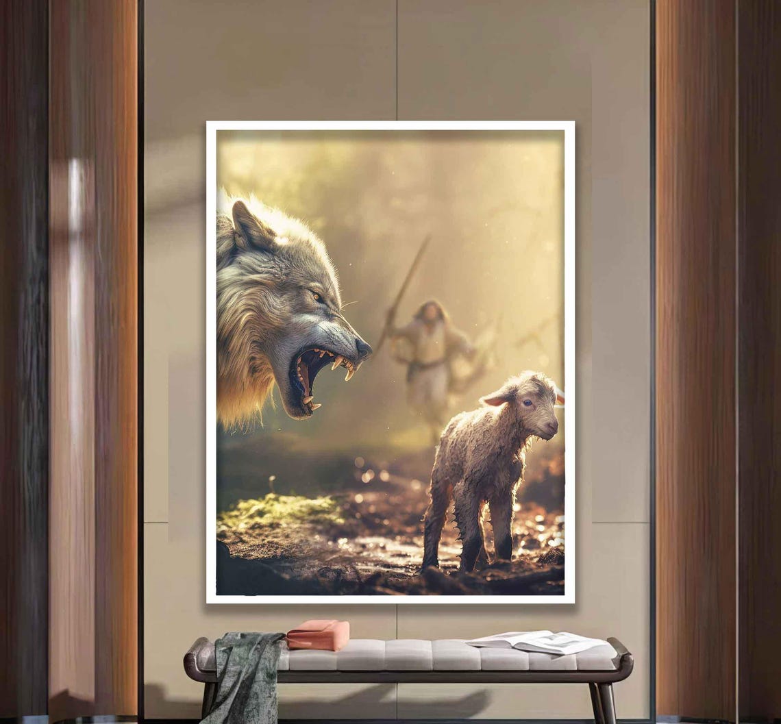 Wolf Facing Gentle Lamb With Shepherd Christian Symbolism Art Poster - Image 3