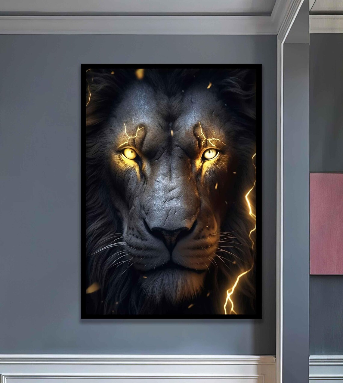 Black Lion with Golden Lightning Eyes Powerful Animal Poster - Image 2