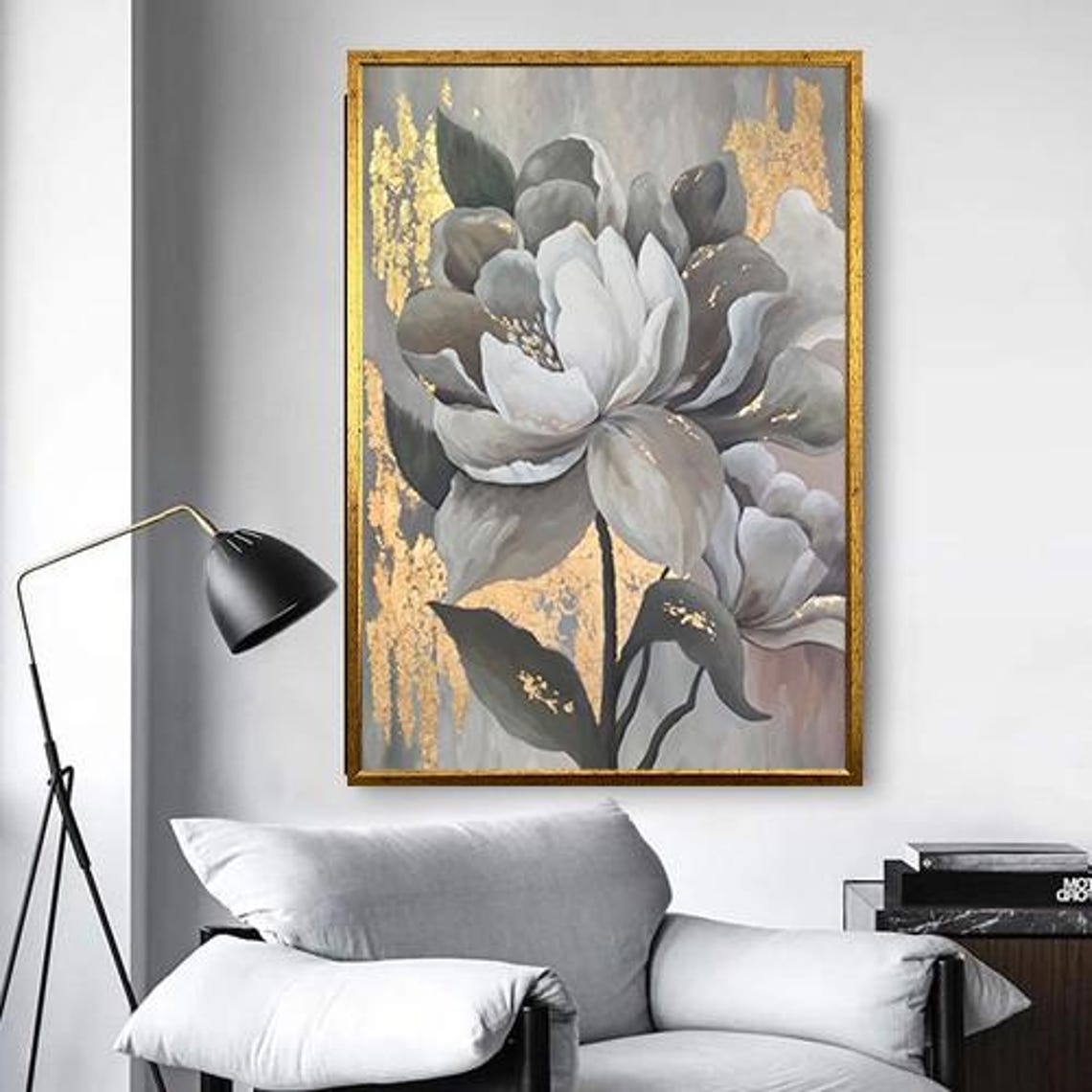 White Grey Blossoms With Gold Leaf Elegant Floral Art Poster - Image 5