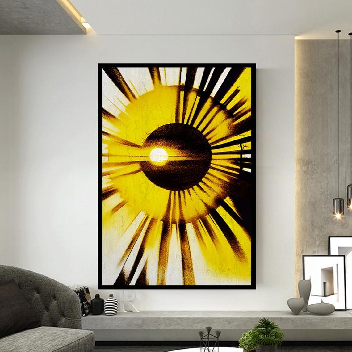 Yellow Sunburst Abstract Geometric Bold Modern Decor Wall Art - Image 3