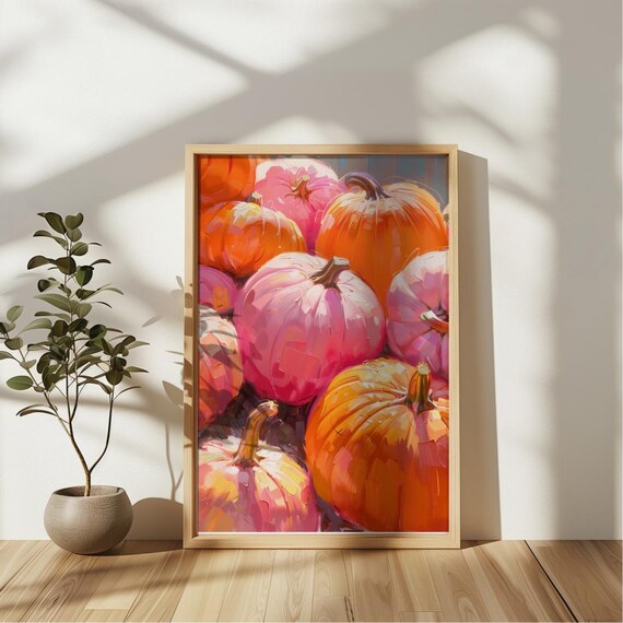 Pink And Orange Pumpkins Pile In Warm Sunlight Harvest Art Poster
