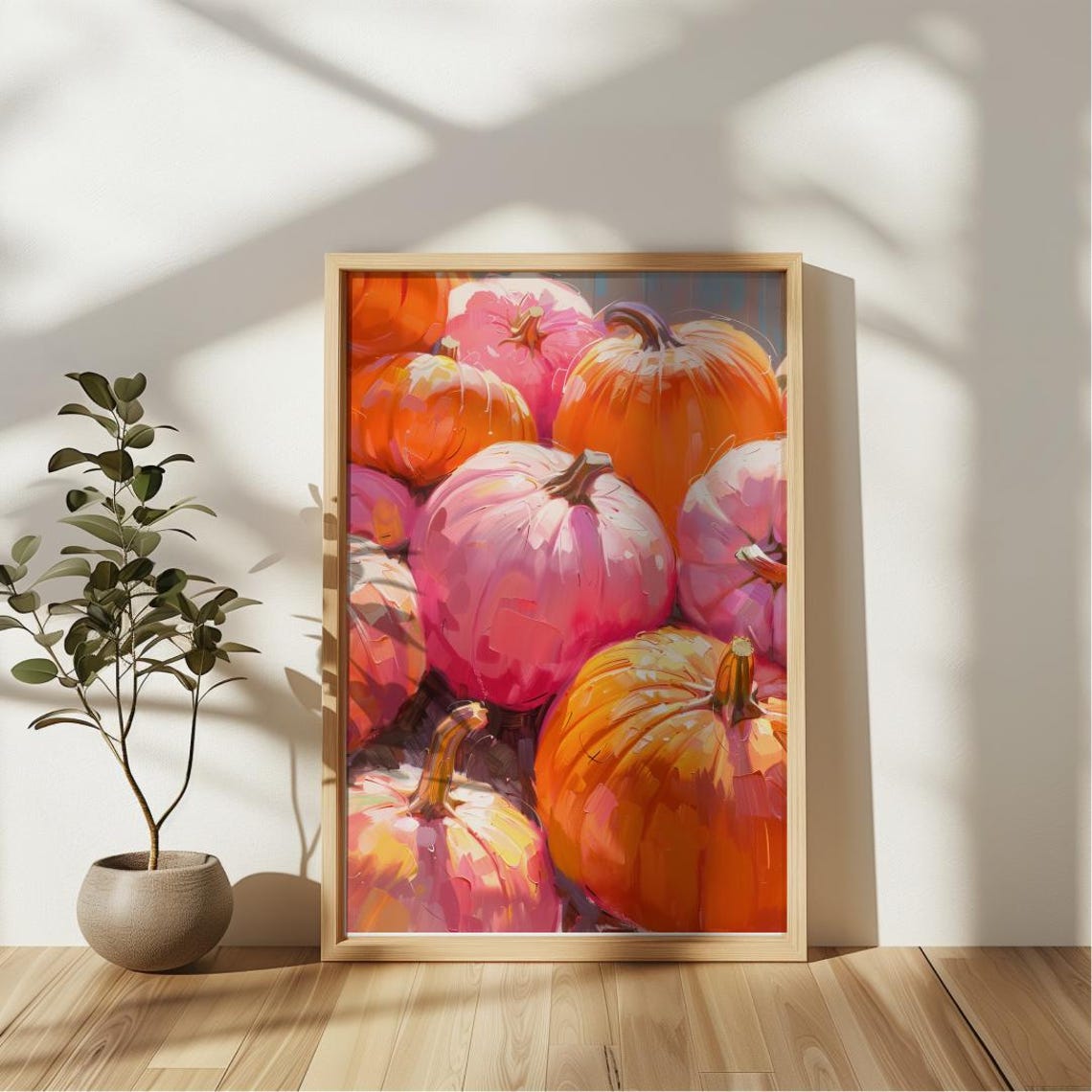 Pink And Orange Pumpkins Pile In Warm Sunlight Harvest Art Poster