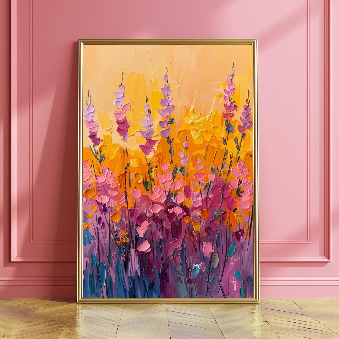 Purple Yellow Wildflowers Impressionist Sunset Floral Oil Poster