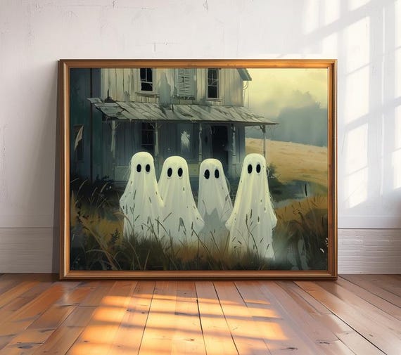 Four Scary Ghosts Near Haunted House Halloween Art Print Poster Dreadful Wall Spooky Dark Home Decor