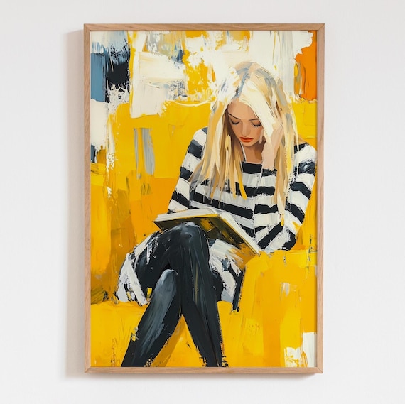 Yellow Abstract Blond Woman Print Modern Acrylic Art Poster Wall Decor Minimalist Painting