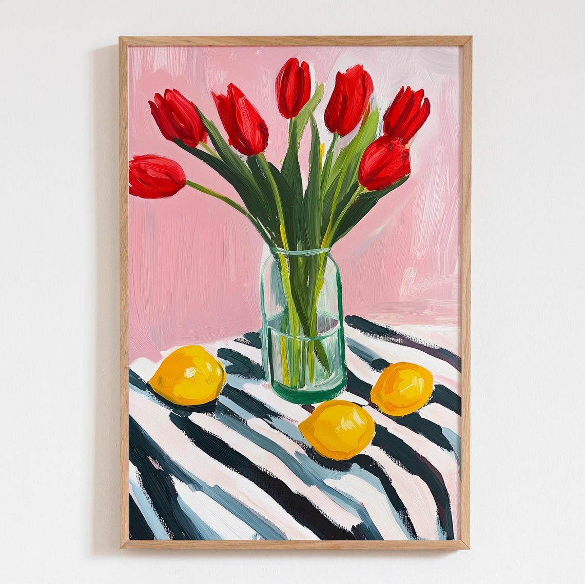 Red Tulips Glass Vase Lemons Striped Cloth Still Life Poster