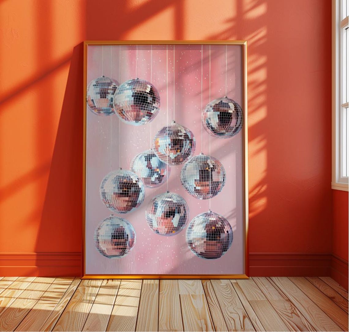 Hanging Disco Balls Mirrorball Cluster on Pink Glam Party Poster