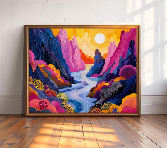 Vibrant Maximalist Acrylic Art Painting Bold Whimsical Mountain River Art Poster Print Dopamine Eclectic Colorful Wall Art Decor