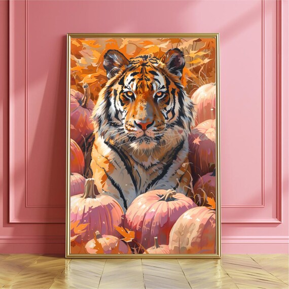 Majestic Tiger Surrounded By Pink Pumpkins Fall Harvest Art Poster