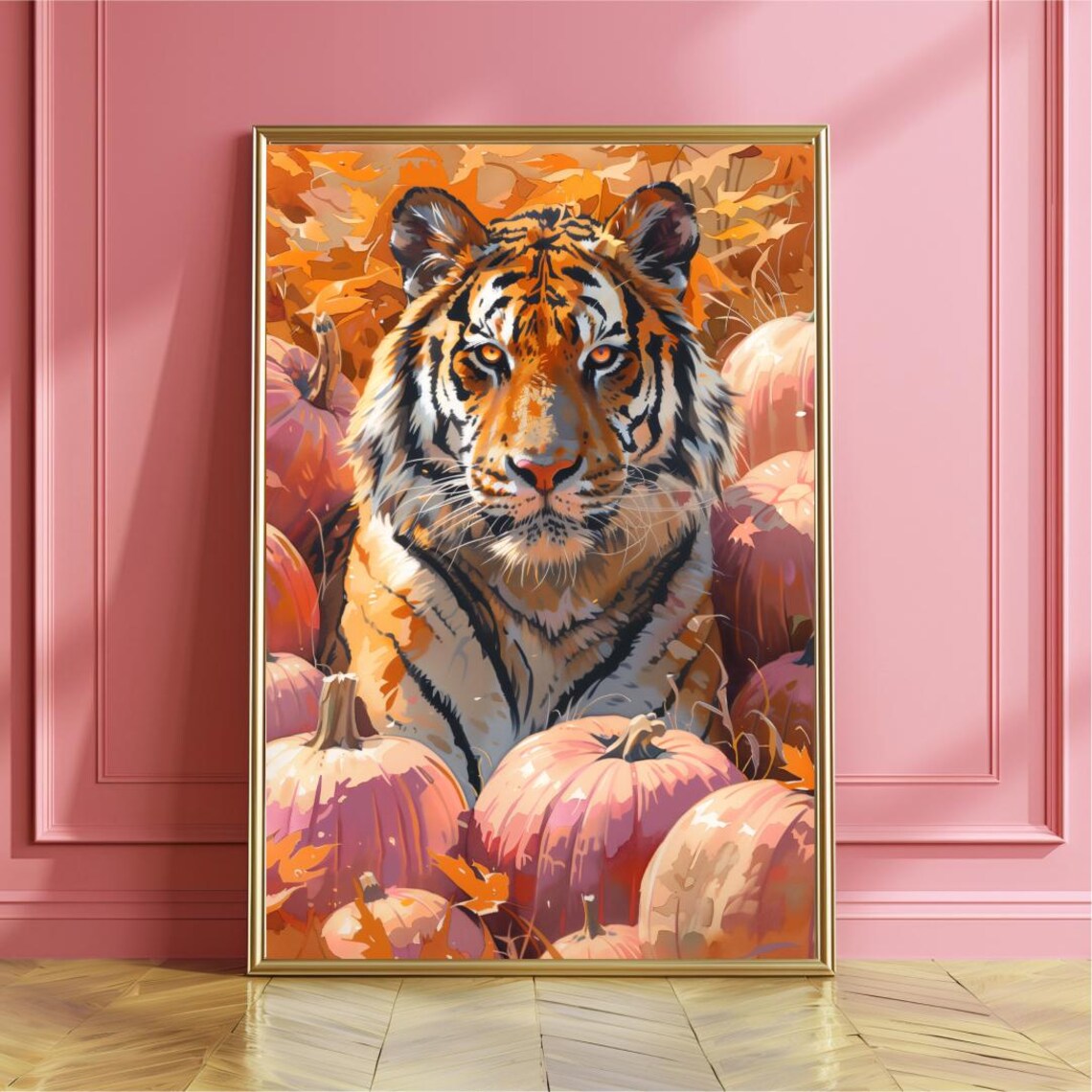 Majestic Tiger Surrounded By Pink Pumpkins Fall Harvest Art Poster