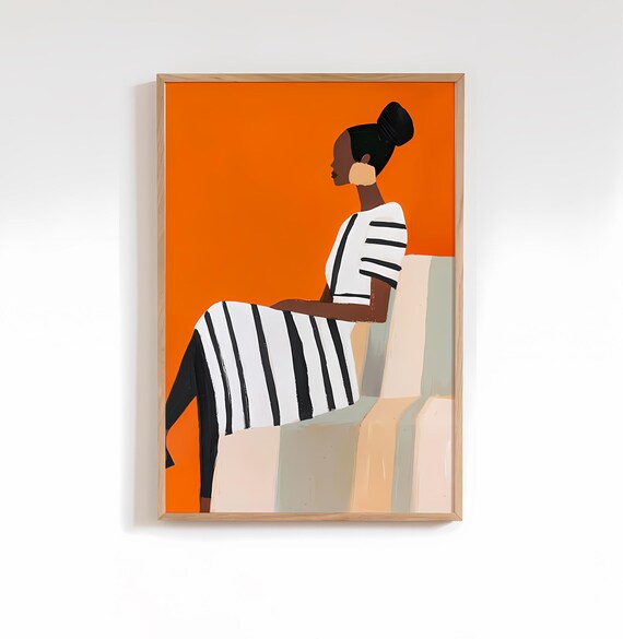 Orange Abstract People Art Large Wall Contemporary Minimalist Print Stripe Woman Living Room Decor