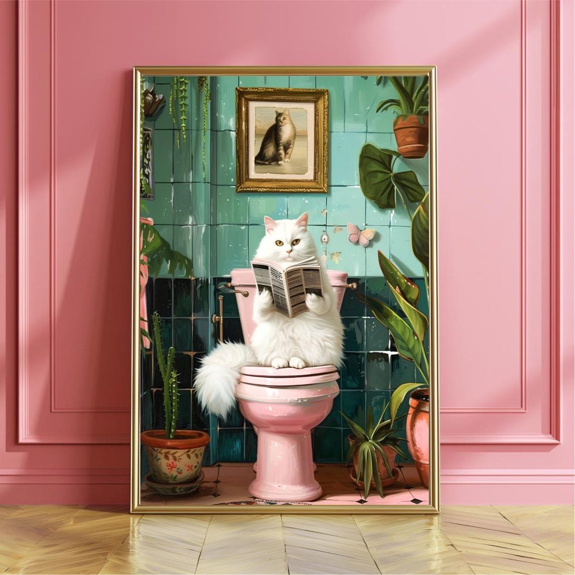 Funny White Cat Reading Newspaper On Pink Toilet Bathroom Poster
