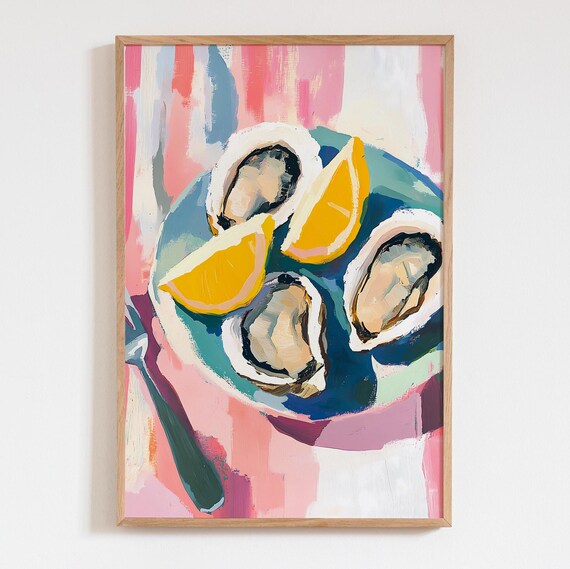 Oysters With Lemon Plate Colorful Food Still Life Art Poster