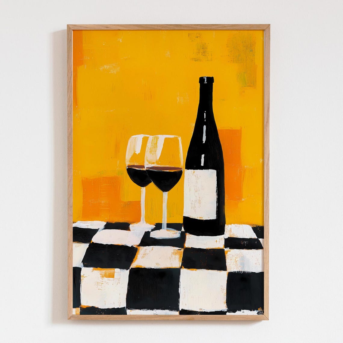 Red Wine Bottle Glasses Checkered Tablecloth Orange Modern Art Poster