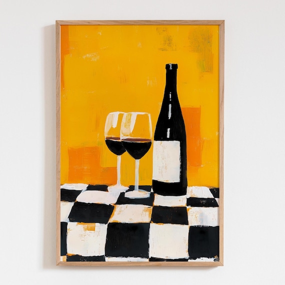 Red Wine Bottle Glasses Checkered Tablecloth Orange Modern Art Poster