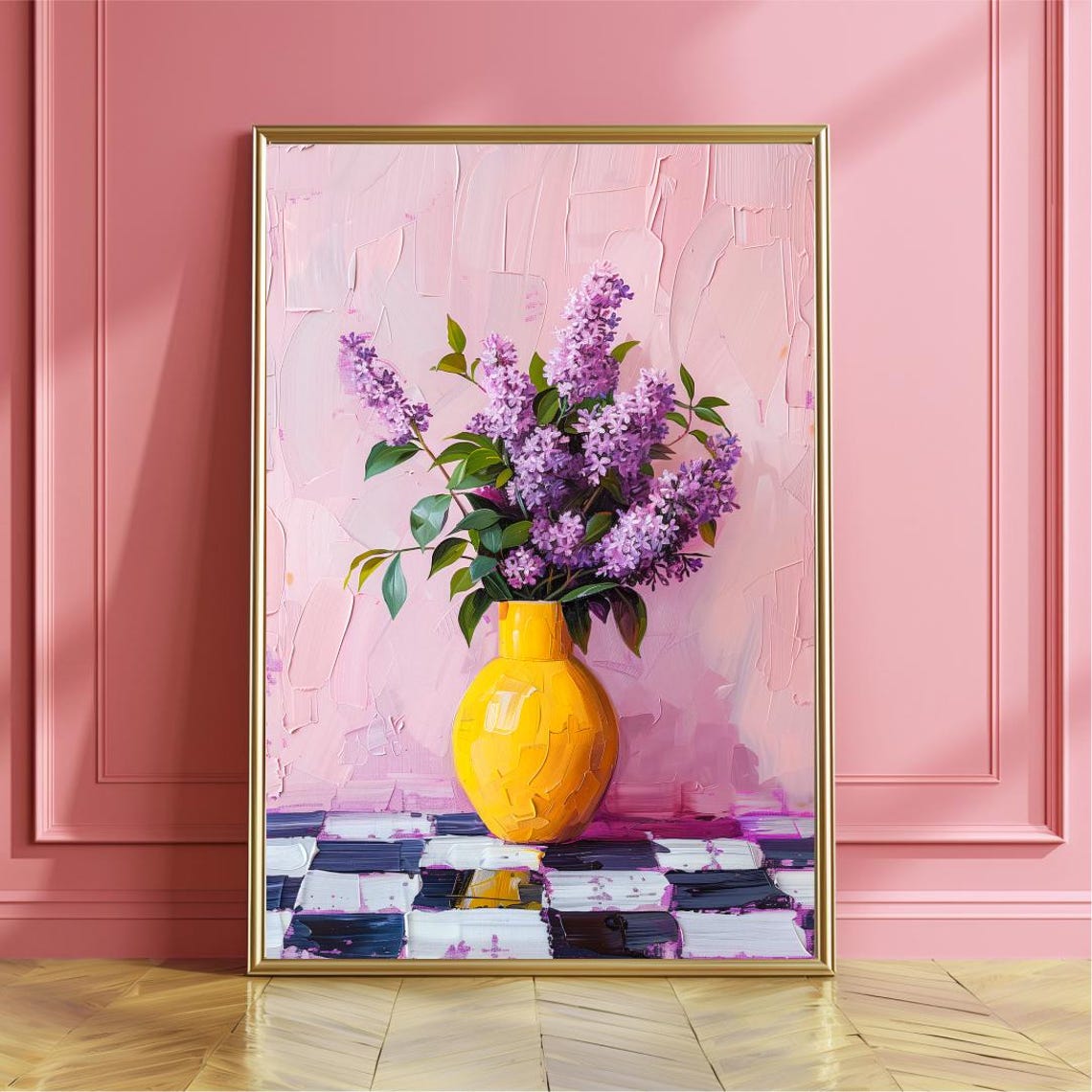 Purple Lilacs In Yellow Vase Checkerboard Floral Oil Art Poster