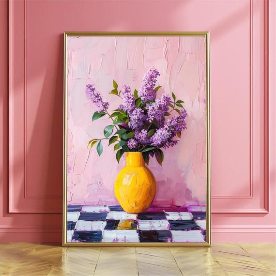 Purple Lilacs In A Vase On Checkerboard Floor Art Print Moody Floral Painting Lilac Wall Decor Vibrant Poster