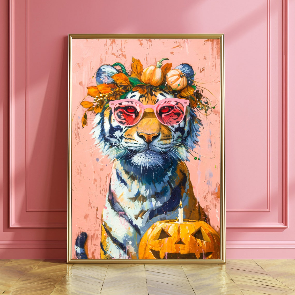 Tiger With Pumpkin Crown Pink Sunglasses Halloween Party Poster