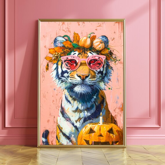 Tiger With Pumpkin Crown Pink Sunglasses Halloween Party Poster