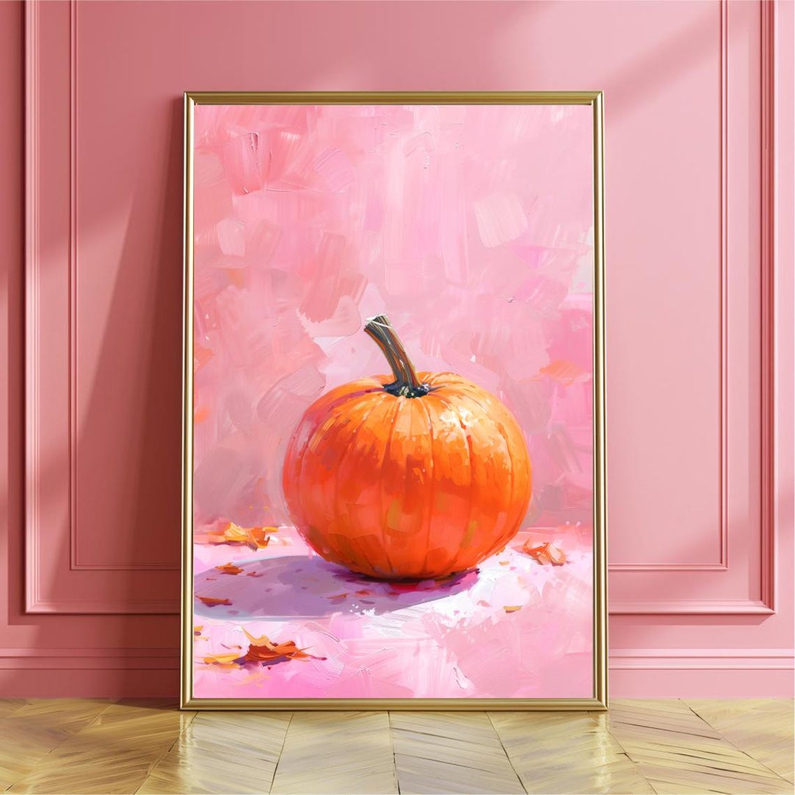 Single Orange Pumpkin On Pink Background Minimalist Fall Poster