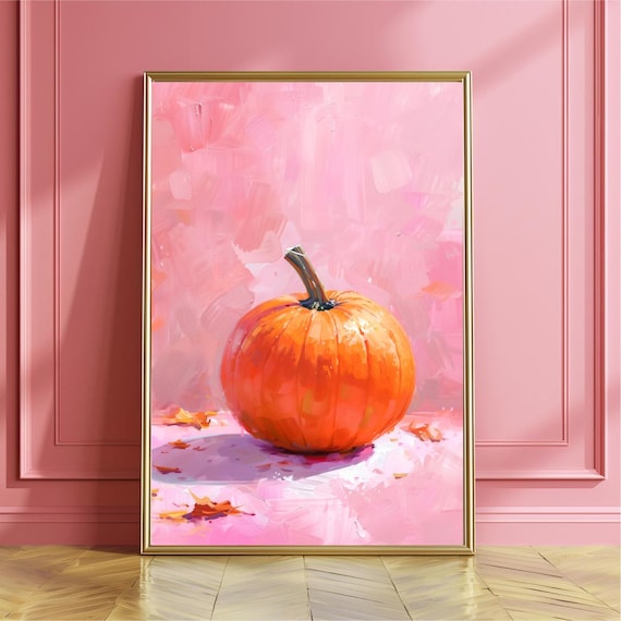 Single Orange Pumpkin On Pink Background Minimalist Fall Poster