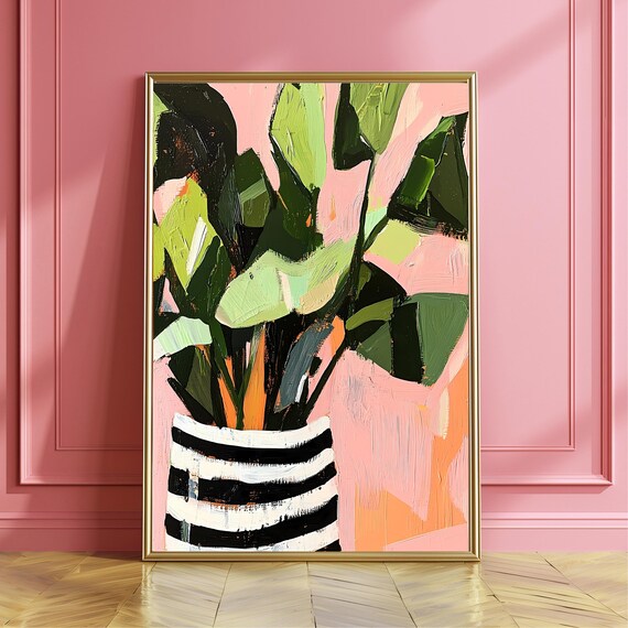 Bold Indoor Plant Acrylic Wall Art Striped Pot Drip Brush Painting Pink Green Botanical Print Modern Colorful Home Decor
