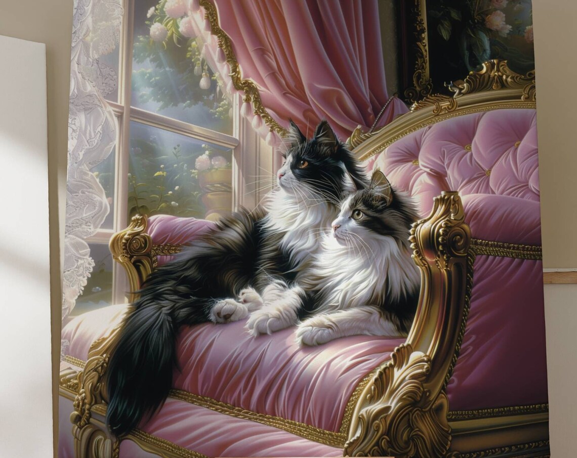 Two Regal Long Haired Cats Lounging on a Pink Velvet Chaise Poster