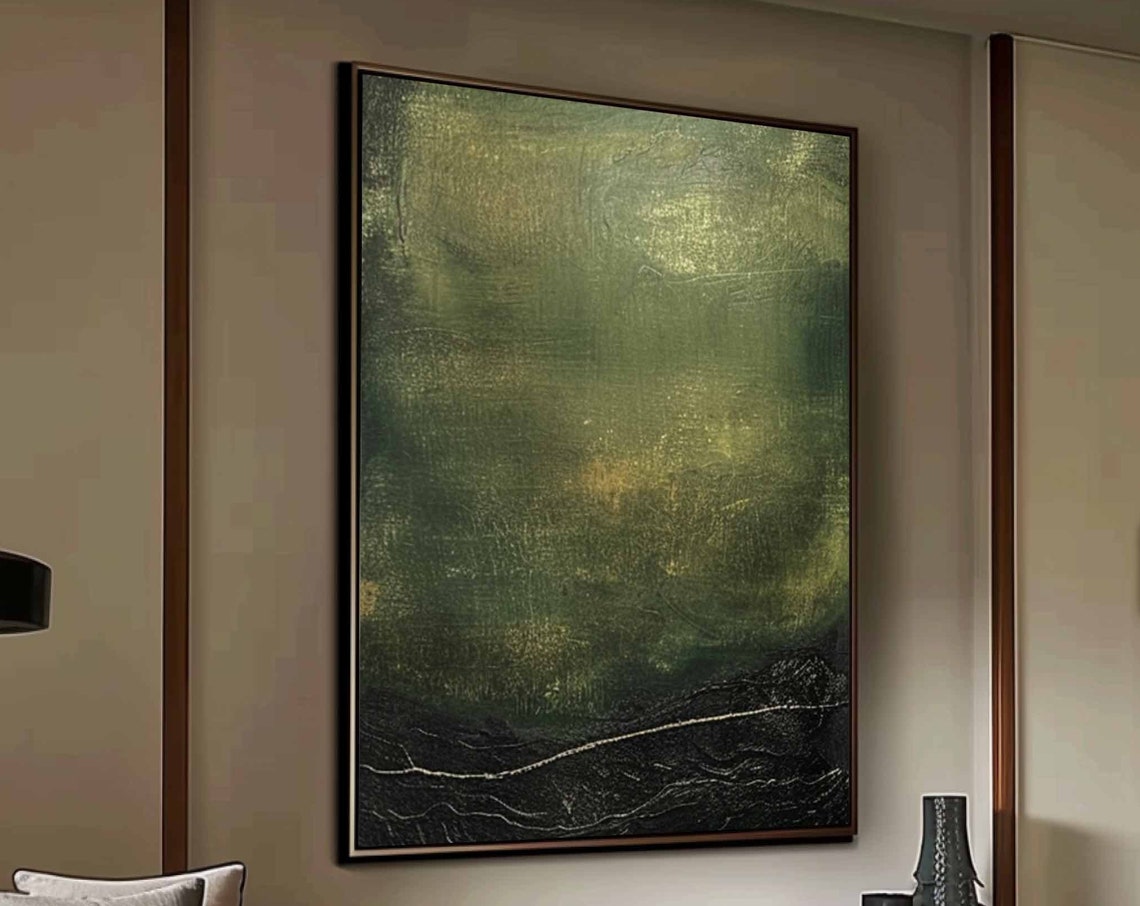Olive Moss Green Over Black Moody Earthy Abstract Painting Poster