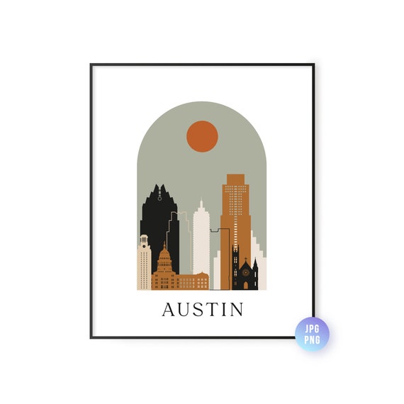 Austin Skyline Bohemian Print Boho Sun City Arc Mid Century Modern Decor Home Instant Jpg Png