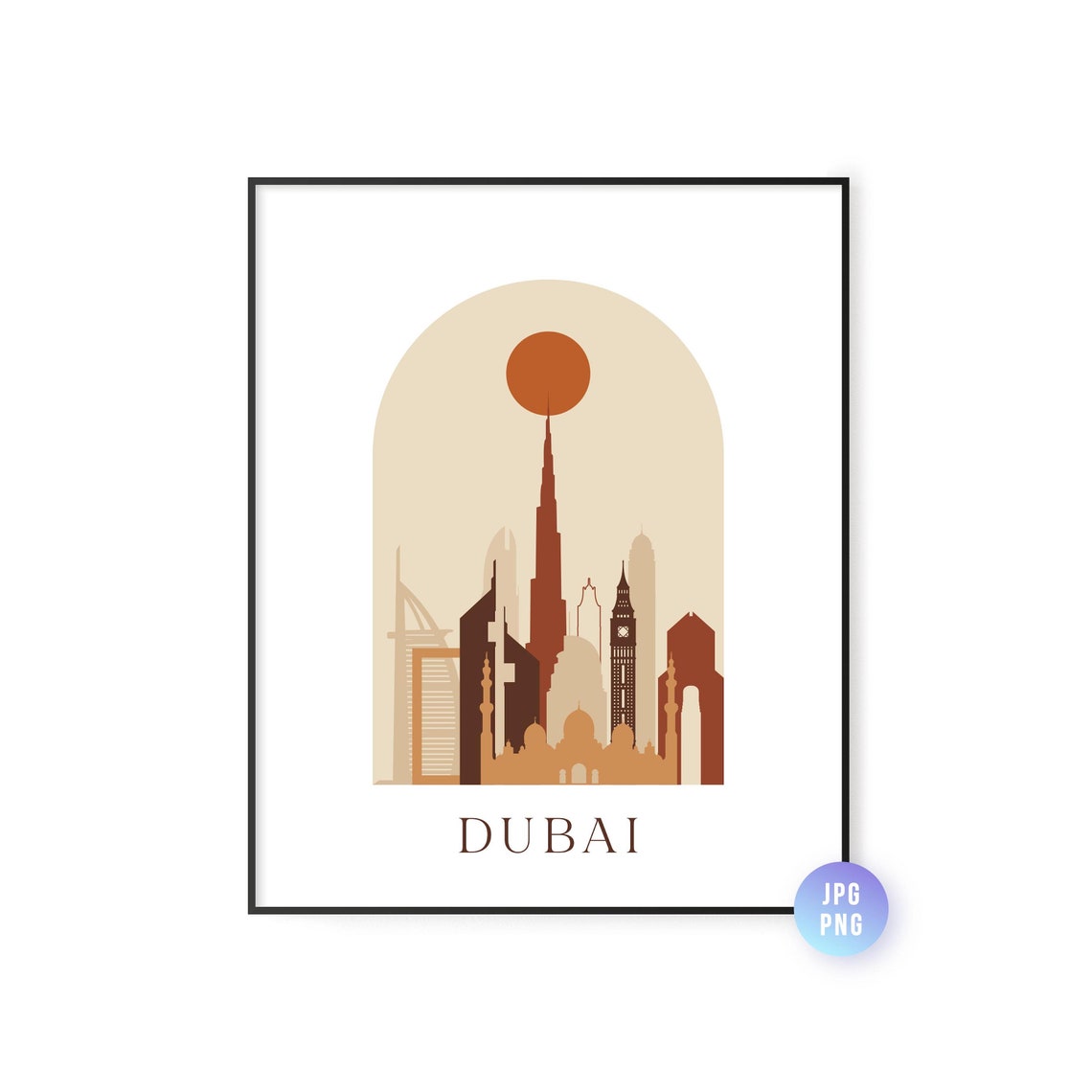 Dubai Skyline Print Archway Boho Sun Wall Art Poster Instant Bohemian Natural Colors