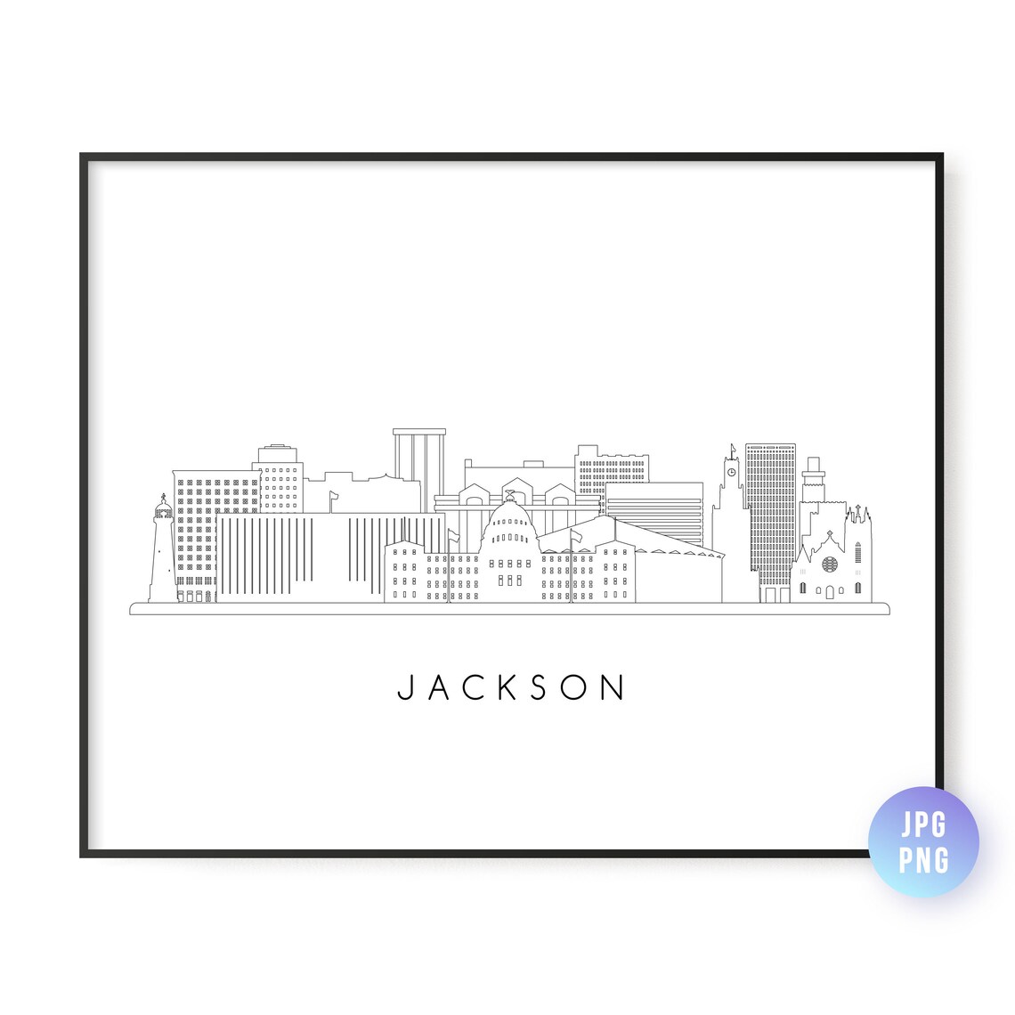 Jackson Mississippi Skyline Minimalist Line Art Black and White Print