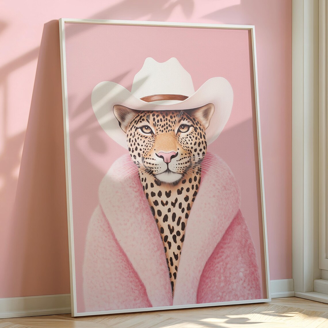 Cowgirl Leopard White Cowboy Hat Painting Pink Western Poster